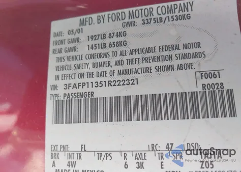 2001 Ford Escort Zx2 from USA, damaged, VIN 3FAFP11351R222321